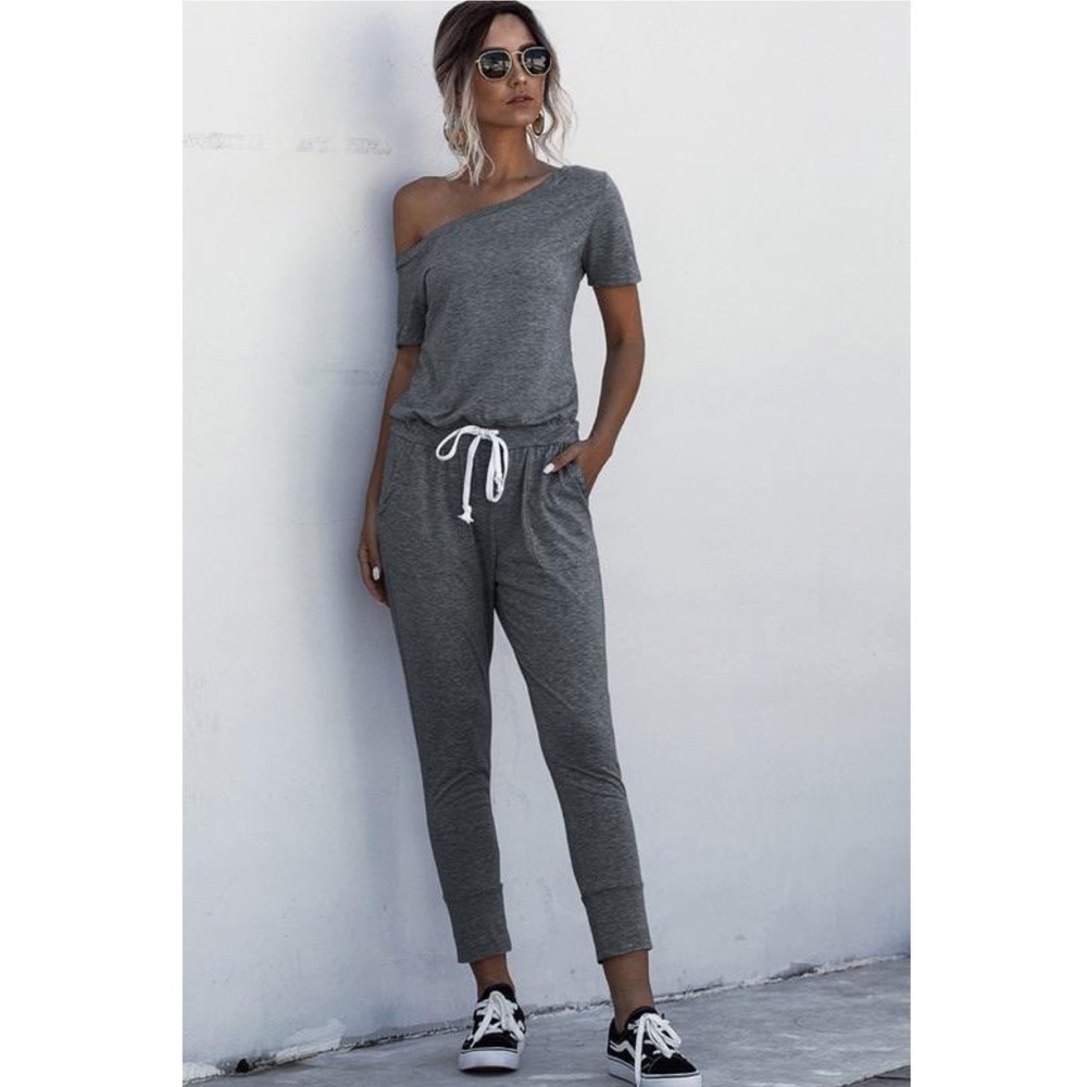 One Shoulder Drawstring Jumpsuit